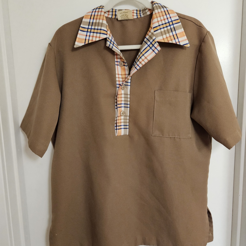 Angelica Brown Shirt with Multicolor Plaid Collar